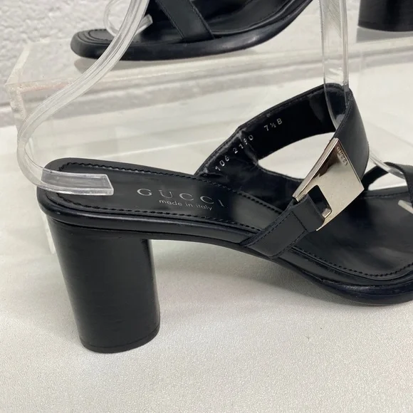 Gucci Black Leather Double Strap Block Heel Slides Sandals women’s size 7.5 - Picture 3 of 12